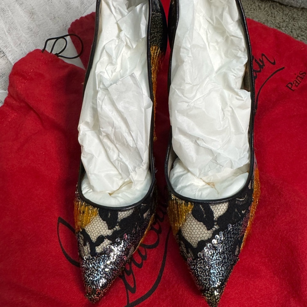Christian Louboutin Black and Gold Sequin Heels